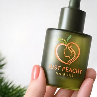 Hand holding a green bottle of Just Peachy Hair Oil with peachy logo and dropper top, with plant leaves visible in background